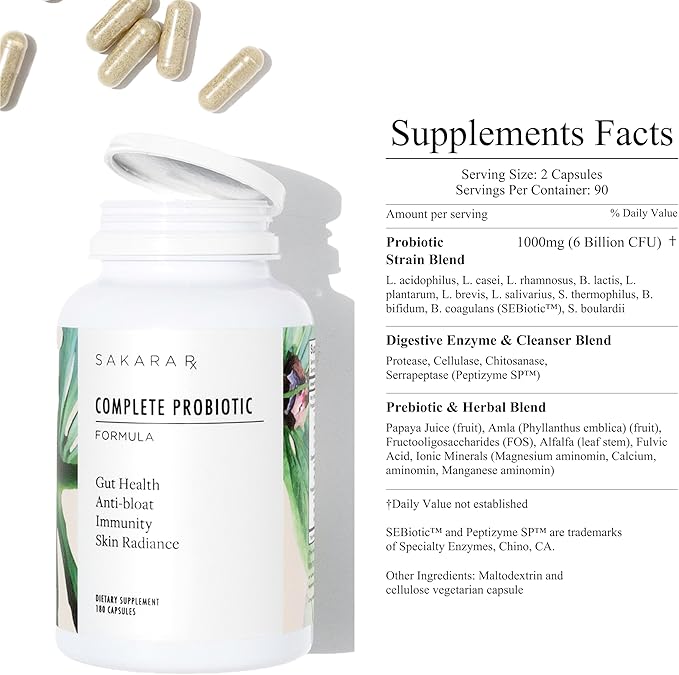 Sakara Complete Probiotic - Prebiotics and Probiotics for Women Digestive Health Supplements, Supports Bloating, Immune System & Skin Radiance, Gut Health for Women with 3 Billion CFU's - 180 Capsules