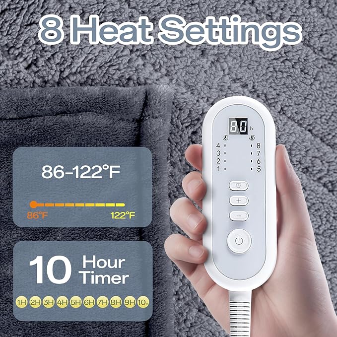 Electric Blanket Heated Twin Size-62" x 84" Heated Blanket with 8 Heat Levels & 10 Hours Auto Off, Fast Heating Flannel Blankets Machine Washable with ETL & FCC Certified, Light Grey