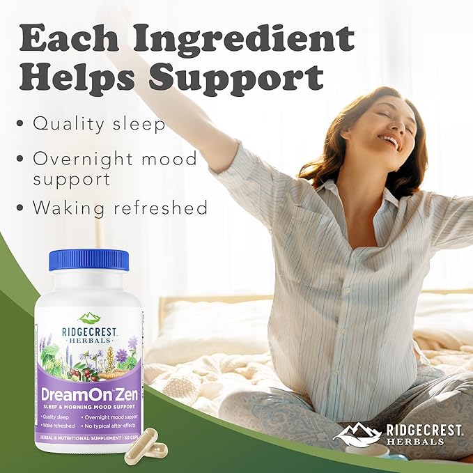 Ridgecrest Herbals DreamOn Zen, Sleep Support Supplement, Melatonin Free, Magnesium, 5-HTP, Lavender, Chamomile, Valerian, Lemon Balm for Adults and Children 12+ (60 Caps, 30 Serv)