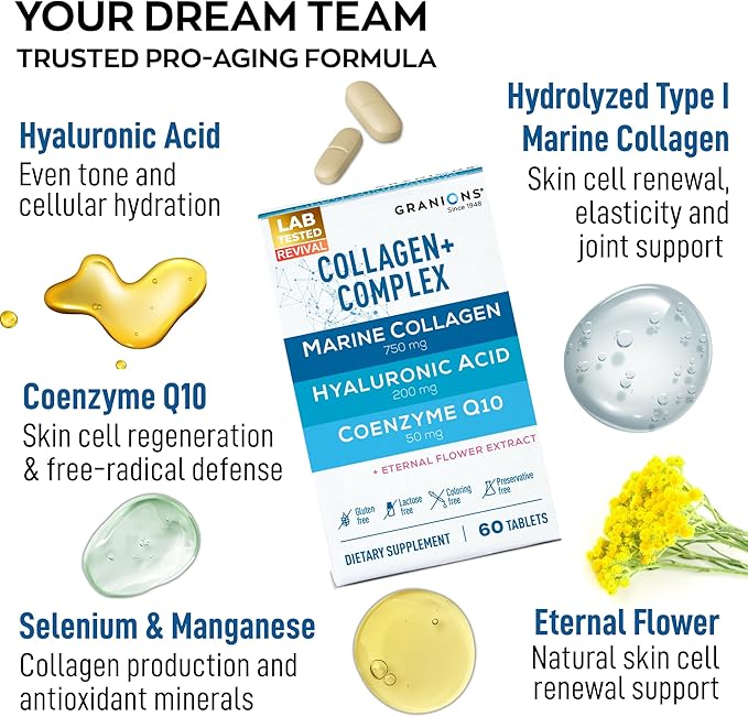 Marine Collagen Pills Complex – 200mg Hyaluronic Acid Supplement, Coenzyme Q10 CoQ10, Hydrolyzed Marine Collagen Peptides, Eternal Flower Hydration, Age Defense Supplements - 60 Sealed Tablets