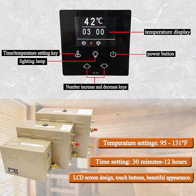 Steam shower generator,9kw Household-Commercial,Steam shower generator kit,with self-draining system,Temperature adjustable 95-131°F,Applicable space 315~350ft3