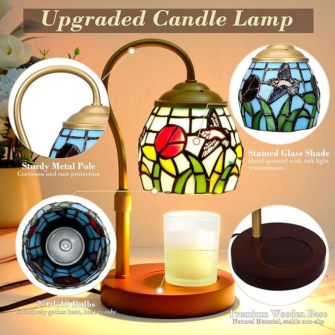 Candle Warmer Lamp with Timer Dimmer, Adjustable Height Candle Warmer for Jar Candles, Birthday Gifts for Women New Home Bedroom Decor Tiffany Hummingbird Style Stained Glass with 2 Bulbs