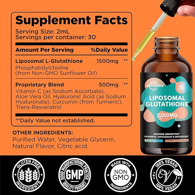 2 Pack Liposomal Glutathione Supplement - 2000mg Glutathione Liquid Drops with Vitamin C, Curcumin & Trans-Resveratrol - Powerful Antioxidant for Immune, Skin Health, Aging Defense & Liver Detox