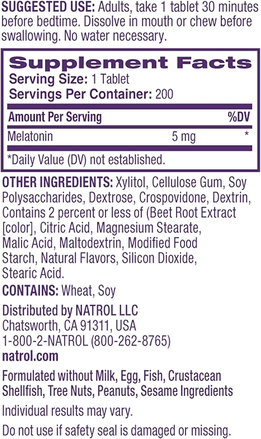 Natrol Melatonin 5mg Fast Dissolve Tablets, Sleep Support Supplements for Adults, Strawberry Flavor, 200 Tablets, Up to 200 Day Supply
