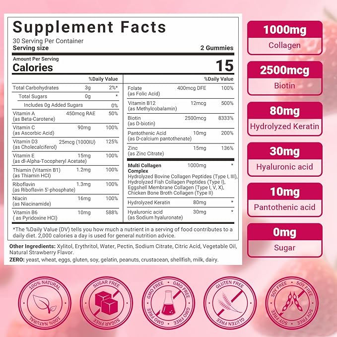 Collagen Gummies for Women - Sugar-Free Hydrolyzed Collagen Gummy with Biotin, Hyaluronic Acid & MultiVitamins, Type I, II, III, V & X Collagen Peptides - Promote Skin/Hair/Nail/Bones, 60 Cts