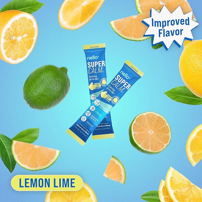 Nello Supercalm Drink Mix - Ashwagandha KSM 66, Magnesium Glycinate & L-Theanine Supplement, Vitamin D3 - Ashwagandha Root Extract - Focus and Relaxation Support (20 Travel Packets) - Lemon Lime