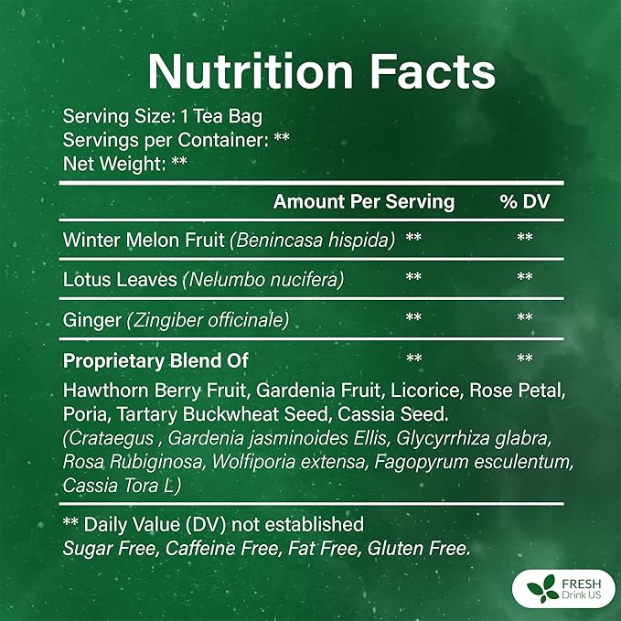 FreshDrinkUS, Oil-Reducing Herbal Tea β 10 Tea Bags | Blend of Winter Melon, Lotus Leaf, Ginger, Hawthorn, Gardenia Fruit, Rose, Cassia Seed & More | Naturally Caffeine-Free | Delicious Hot or Iced