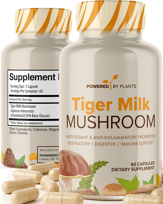Tiger Milk Mushroom Supplement - 500mg Per Capsule with 50% Beta-Glucan - Supports Respiratory Function, Cognitive Clarity, Digestive Balance & Immune Wellness - 60 Count