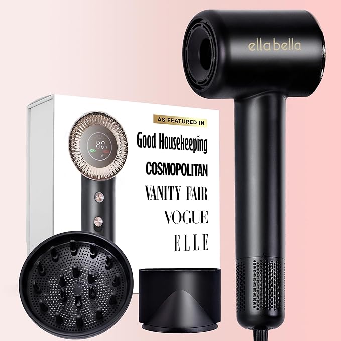 ELLA BELLA® Compact Plasma Hair Dryer, Advanced Plasma Technology Blow Dryer with Digital Display, Rapid Drying, Low Noise, & Luxury Velvet Travel Bag - Includes Diffuser & Nozzle- for All Hair Types