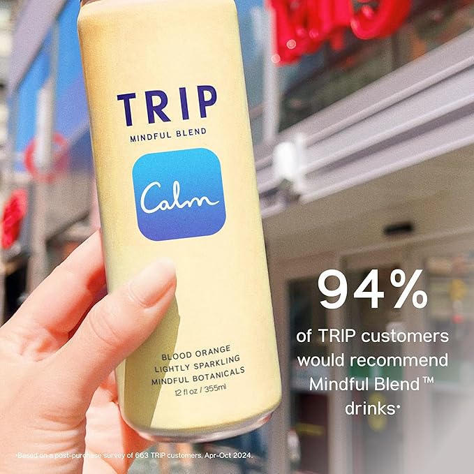 Trip Mindful Blend, Lightly Sparkling Adaptogen Seltzer, 120 MG Magnesium Citrate with Ashwagandha, Lions Mane & L Theanine, No Added Sugar, Low Calorie, Vegan, Blood Orange, 12 Oz, 12Pk