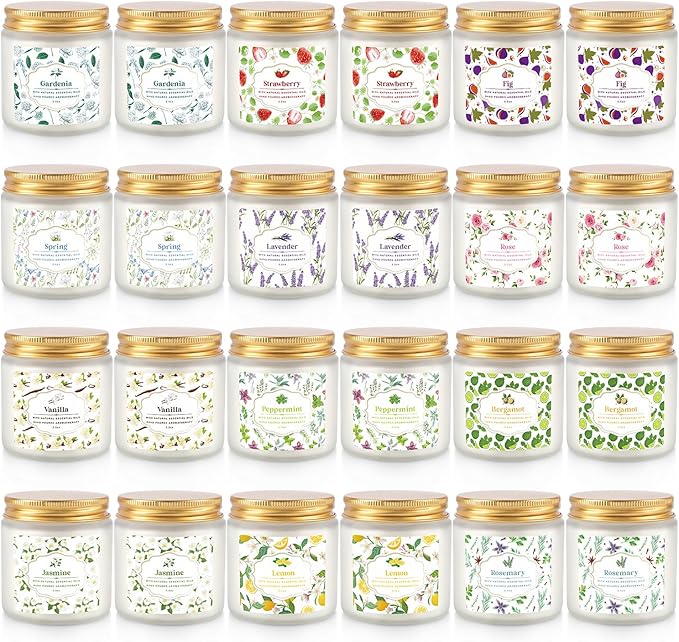24-Pack White Frosted Scented Candles Set - 3.5oz Assorted Floral & Fruit Fragrances,Odor Eliminating,for Home Decor, Gifting & Relaxation.