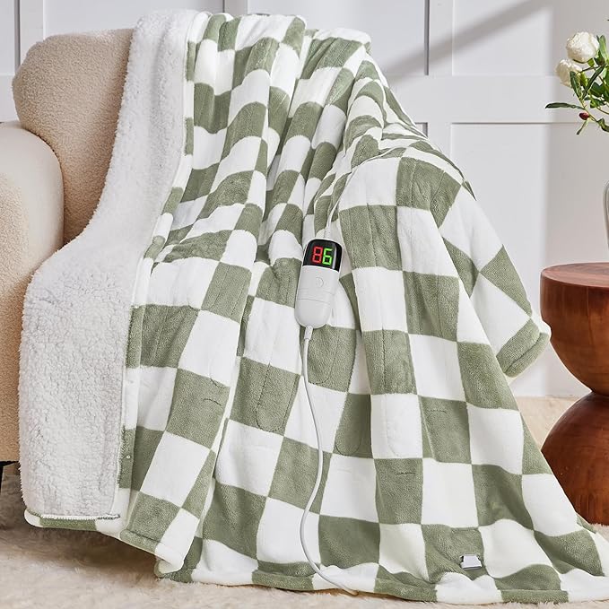 Sage Green Heated Blanket Electric Twin Size, 62X84 Heating Blanket with 10 Heat Levels & 8 Hours Auto Off, Checkered Plaid Soft Fleece Sherpa Blankets Warmer Gifts for Couch Grandma Women Adults, ETL