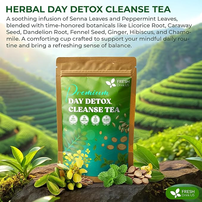 FreshDrinkUS, 30 Teabags of Herbal Day Cleanse Tea โ 30 Day Program | Refreshing Mint Blend with Dandelion, Senna & Hibiscus | Naturally Supports Wellness & Light-Feeling | Caffeine-Free Herbal Tea