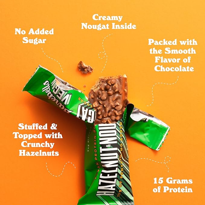 Barebells Vegan Protein Bars Hazelnut & Nougat - 12 Count, 1.9oz Bars - Features Plant Based Protein Bar with 15g of Protein - Chocolate Protein Snacks with Only 1g of Total Sugars - Ideal for