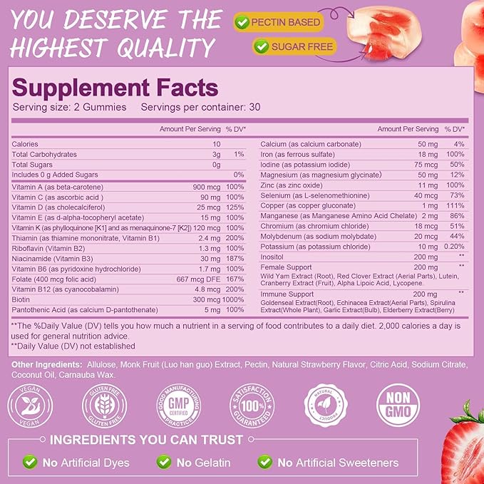 Totaria Sugar Free Multivitamin Gummies for Women 14+ w/Iron, Inositol, Folate, Biotin, Womens Daily Multivitamin Gummy w/Vitamin A, C, B, D3, K2, for Hair, Skin, Energy, Immune, Strawberry Flavor