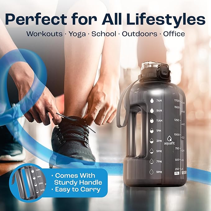 AQUAFIT Half Gallon Water Bottle with Time Marker - Straw & Chug Lid - BPA Free Gym Water Bottle with Straw - Big Gallon Jug (Nebula, 64 oz - 2in1 Lid)