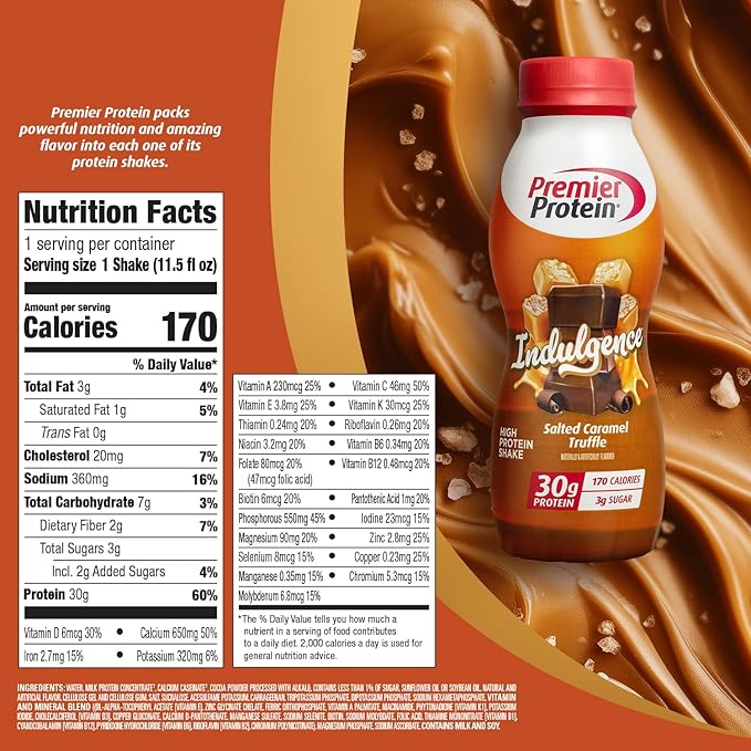 Premier Protein Indulgence Protein Shake, 30g Protein, 3g Sugar, Salted Caramel Truffle, 11.5 fl oz, Pack of 12