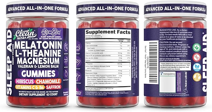 Clean Nutra Melatonin Gummies L Theanine Magnesium Valerian Root Lemon Balm Chamomile Vitamin C Gummy Saffron Sleep Aid Calm Vitamin B6 Stress Relief Hibiscus Relax Mood Happy Supplement Men Women