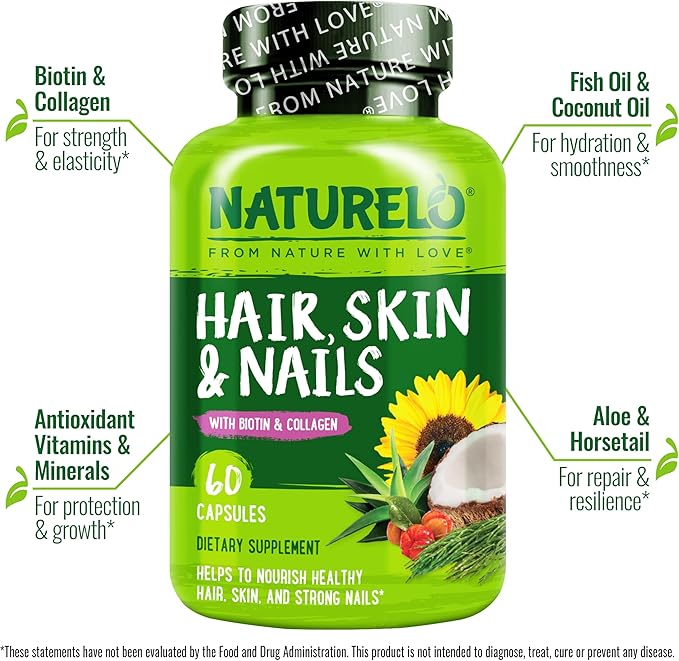 NATURELO Hair, Skin and Nails Multivitamin - 5000 mcg Biotin, Collagen, Natural Vitamin E - Supplement for Healthy Skin, Hair Growth for Women and Men 60 Capsules