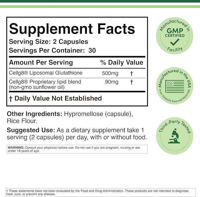 Liposomal Glutathione Supplement 500mg per Serving, 60 Capsules (Vegan Safe, Non-GMO) Max Absorption Liposomal Glutathione with Genuine Smell and Taste by Double Wood