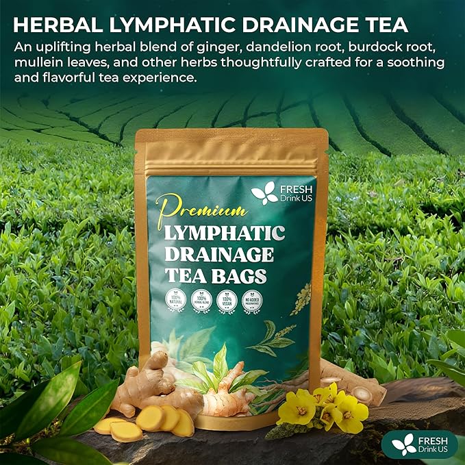 FreshDrinkUS, Lymphatic Drainage Tea | 30 Tea Bags | Herbal Tea Bags with Ginger, Dandelion Root, Burdock Root, Mullein, Calendula, Lemongrass, Rose, Licorice & Tulsi β Caffeine-Free Herbal Blend