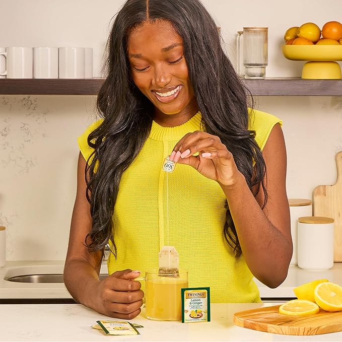 Twinings Lemon & Ginger Herbal Tea Individually Wrapped Bags, 20 Count (Pack of 6), Tangy Lemon, Spicy Ginger, Naturally Caffeine-Free, Enjoy Hot or Iced, 120 Teabags