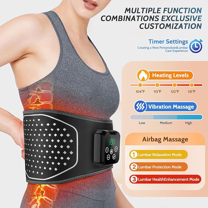 Cordless Heated Lower Back Massager,Heating Pad for Pain Relief,Inflatable Lumbar Belt Massager with 3 Vibration and 4 Heat,3 Airbag,Deep Tissue Air Compression & Vibration Therapy,Gifts for Men Women