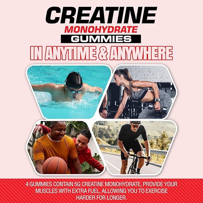 (9g) Creatine Monohydrate Gummies Complex with BCAA - L-Taurine L-Carnitine- B12 Probiotics Pre Workout Chewables Gummies for Men & Women | Vegan Non-GMO 120 Count