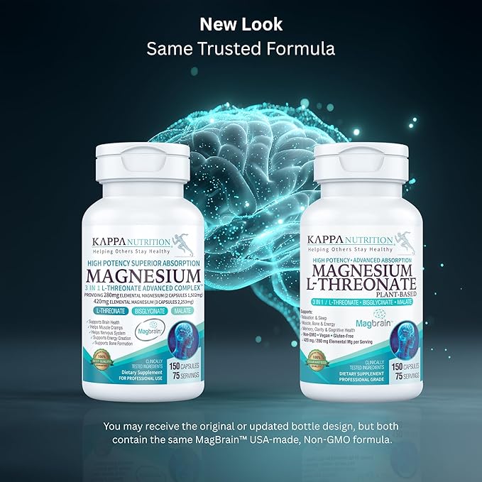 Kappa Nutrition Powered by Magbrain™ Magnesium L-Threonate Plant-Based, 420mg Elemental Magnesium (3 Capsules) from 2,253mg, 150 Vegan Capsules, Brain, Sleep & Muscle Support.