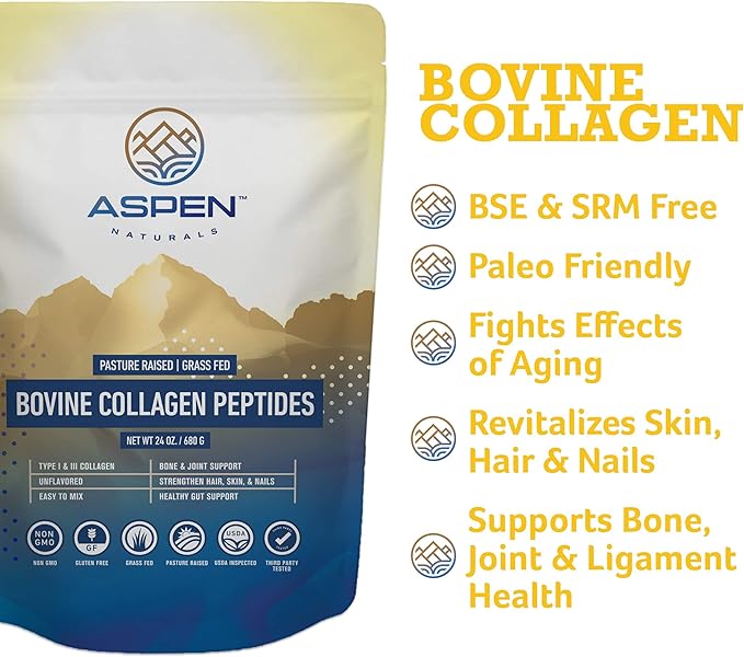 ASPEN NATURALS Grass fed Bovine Collagen Peptides Powder 3lb - Collagen for Women, USA Sourced from USDA Inspected Cattle, Gluten Free, Paleo Friendly, Water Soluble, Flavorless, Easily Mixes
