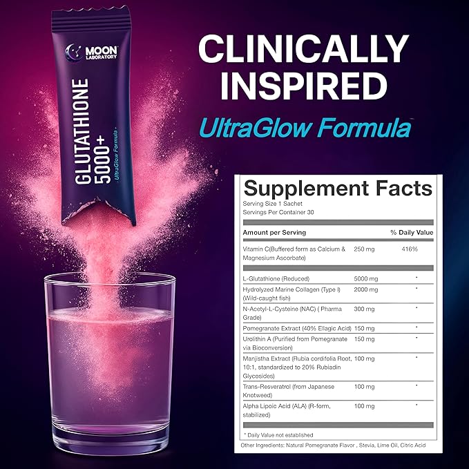 7 Antioxidants Complex – L-Glutathione 5000mg, Urolithin A, Vitamin C, NAC, ALA, Resveratrol, Manjistha & Collagen. Skin Brightening | Anti-Aging | Detox & Hydration. 30 Sachets, Pomegranate Flavor