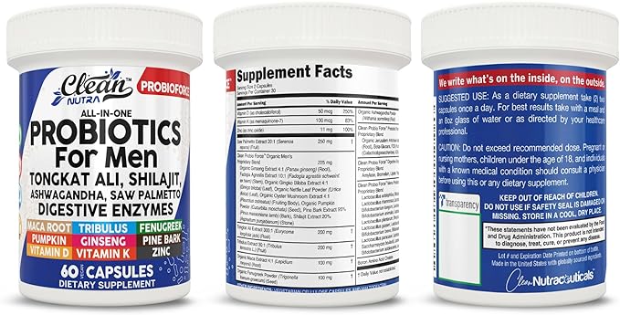 Clean Nutra Probiotics for Men | Tongkat Ali, Saw Palmetto, Tribulus, Ginseng, Ashwagandha, Maca, Pumpkin, Gingko Biloba, Pine Bark, Fenugreek, Shilajit, Zinc - Mens Probiotic 60 Capsules