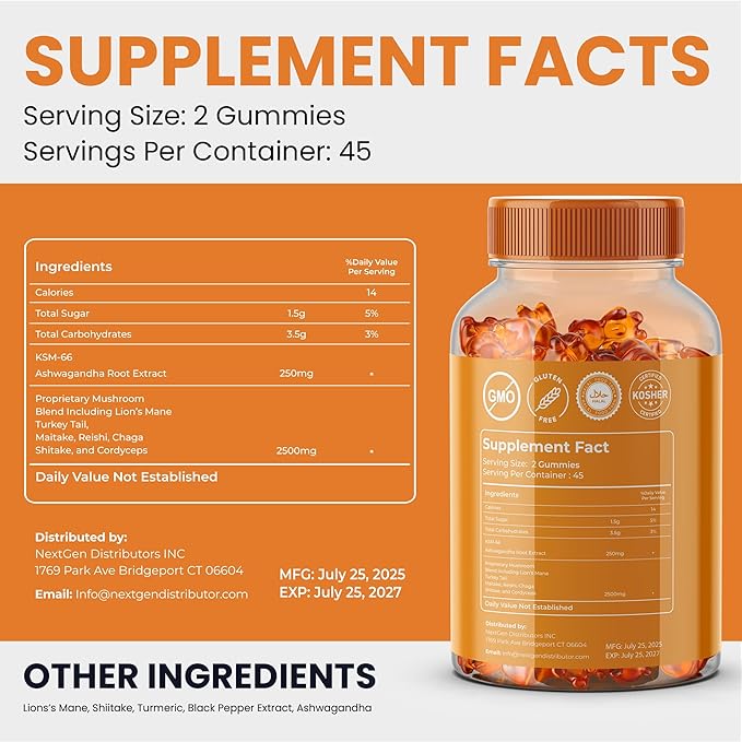 Organic Lions Mane Mushroom Gummies – Delicious Mixed Fruits Flavor Lion's Mane Gummy – 10 Mushroom Superfood Blend – Supports Focus, & Clarity, Vegan 90 Ashwagandha Gummies