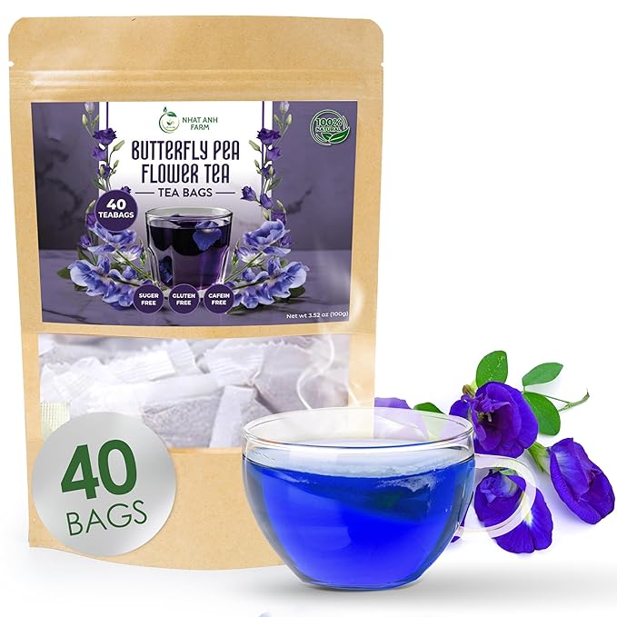 Nhat Anh Farm - Premium Butterfly Pea Tea Bags - Dried Butterfly Pea Flower Tea Bags - 40 Teabags, 2.5g/bag), 100% Natural & Pure/Sugar/Caffeine/Gluten Free. Good For Your Health