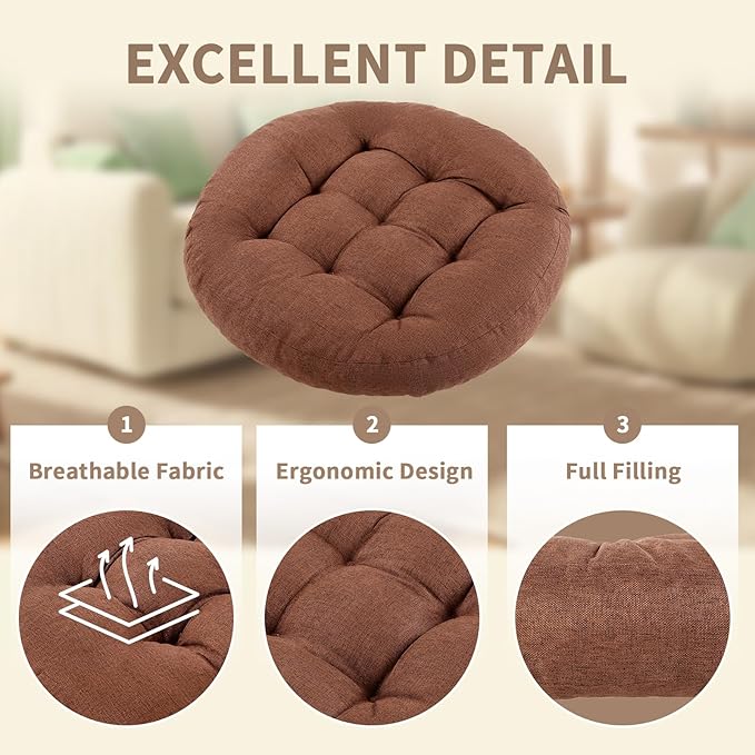 Meditation Floor Pillow, Round Floor Cushions for Adults, Button Tufted Seat Cushions for Yoga Tatami Living Room, Brown, 22 x 22 x 4 in