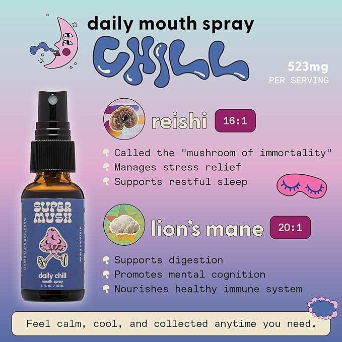 SuperMush Daily Chill Mouth Spray - Mushroom Spray Supplement Reishi - Hibiscus & Ashwagandha Mixed Mushrooms Extract Pure Liquid Sprays - Stress Relief, Relaxing & Calming - 30ml Organic Lion’s Mane