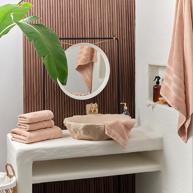 SOFE H&L | Olea Towel Set | 100% Cotton Premium Turkish Towels for Bathroom | Soft, Absorbent, Durable (Blush, Set of 4 - Washcloth)