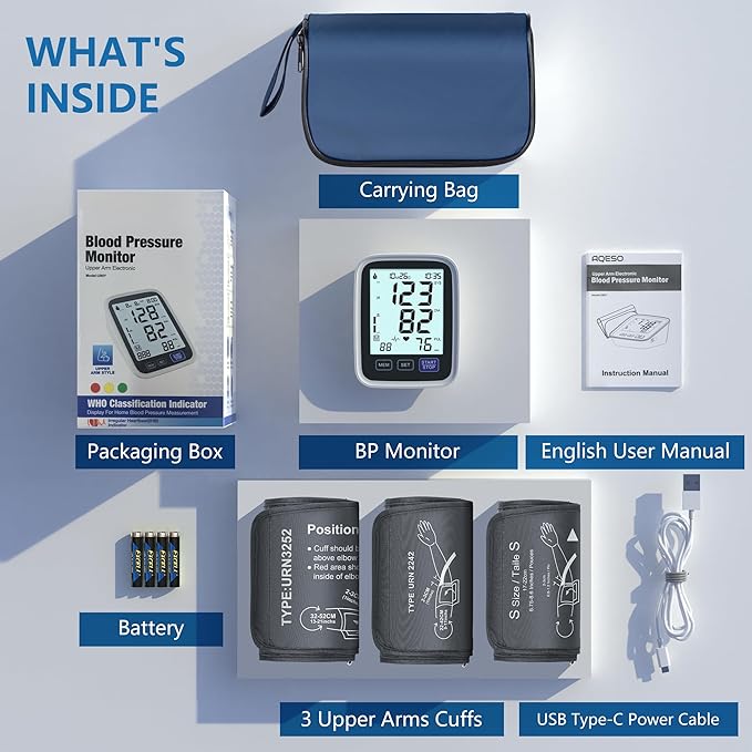 Blood Pressure Machine Upper Arm, 3 Size Cuffs, Small 7"-9", Medium/Large 9"-17" and Extra Large XL Cuff 13"-21", Accurate Automatic Digital BP Cuff Home Use, Large Backlit BP Monitor 3-User 1500 Mem