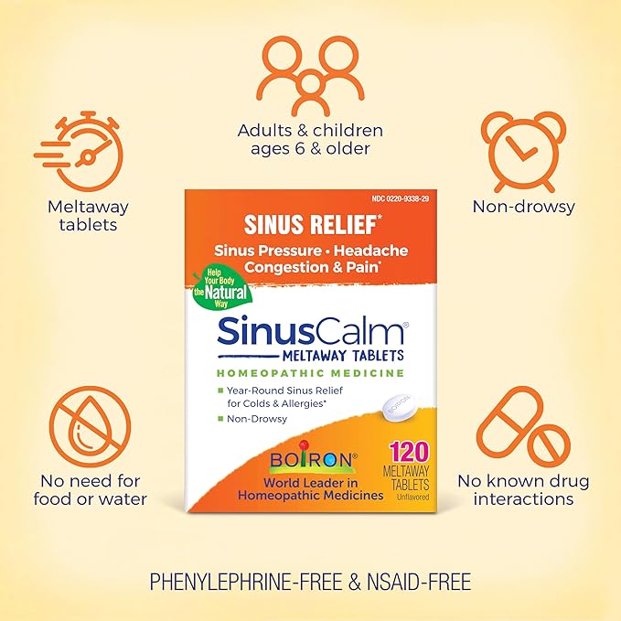 Boiron SinusCalm Tablets for Sinus Pain Relief, Runny Nose, Congestion, Sinus Pressure, Headache - 120 Count