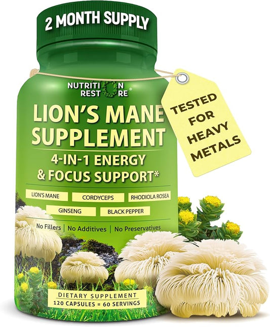Organic Lion's Mane Supplement Capsules - Contains Naturally Occurring Beta Glucans & Polysaccharides, Enhanced with Organic Energy & Focus Support Blend: Cordyceps, Rhodiola Rosea, Ginseng, 120 Count