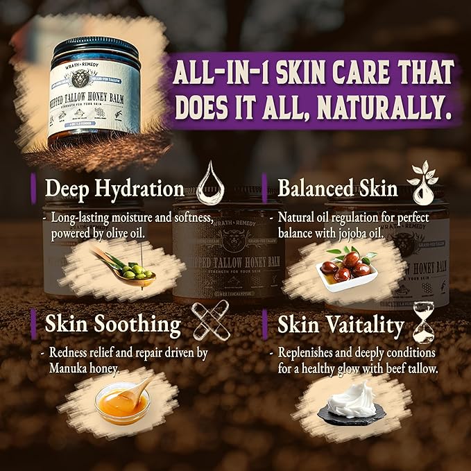 Organic Beef Tallow for Skin - 4 OZ (Lavender) โ Grass Fed Beef Tallow for face + Body โ US-Made Whipped Tallow and Honey Balm Moisturizer for Dry and Sensitive Skin, Eczema, Rosacea (No Additives)