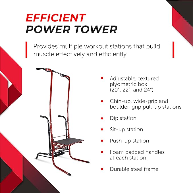 Stamina Power Tower - Dip Bar Pull Up Bar Station with Smart Workout App - Dip Bars for Home Workout - Up to 250 lbs Weight Capacity