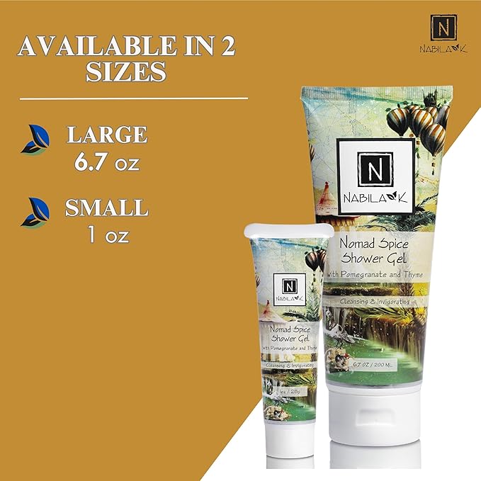Nabila K Nomad Spice Shower Gel, Travel Size Refreshing Body Wash with Pomegranate & Thyme, 1 oz - Naturally Derived, Sulfate-Free, Paraben-Free - Made in the USA