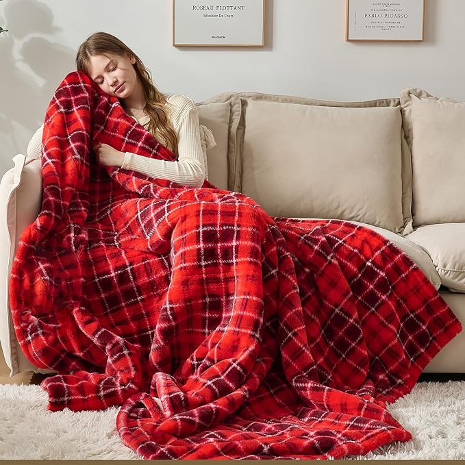 MAXEVE Faux Fur Heated Electric Blanket, 84"x90" Fast Heating Warming Queen Blankets with 8 Heating Levels & 8 Hours Auto Off with Over-Heat Protection & ETL Certified, Plaid Red