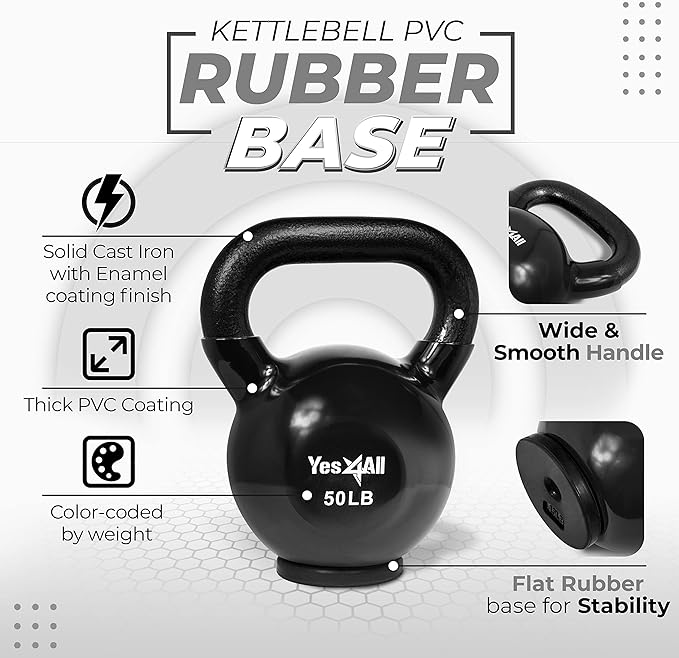 Yes4All Kettlebells Rubber Base, Kettlebell Set for Women, Strength Training Kettlebells Weights (10-65 lbs)