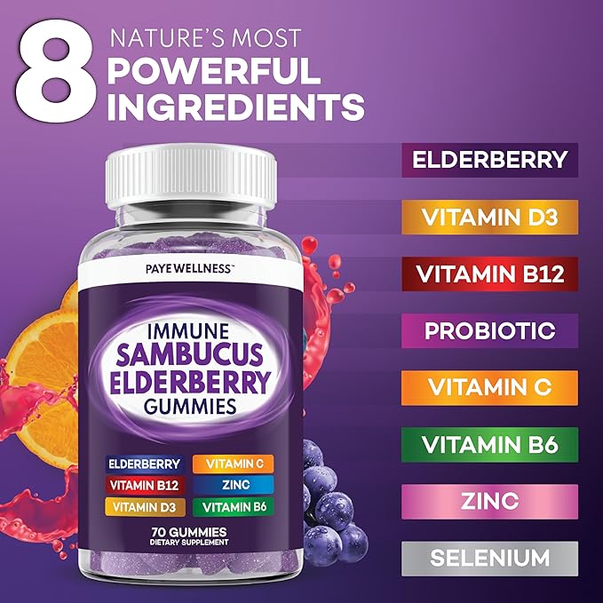 Elderberry Gummies Immune Support, Daily Support for Kids and Adults*, with Sambucus Elderberry, Zinc, Vitamin C, D3, B6, B12, Plus - Dietary Supplement - 140 Count