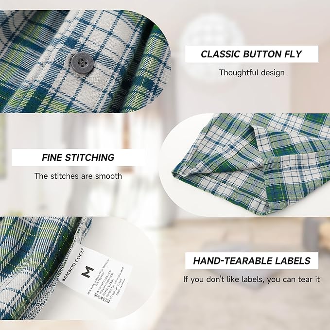 BAMBOO COOL Men's Pajama Bottoms Plaid Pajamas Pants for Men Soft Long Lounge Woven Pj Sleep Pant with Pockets