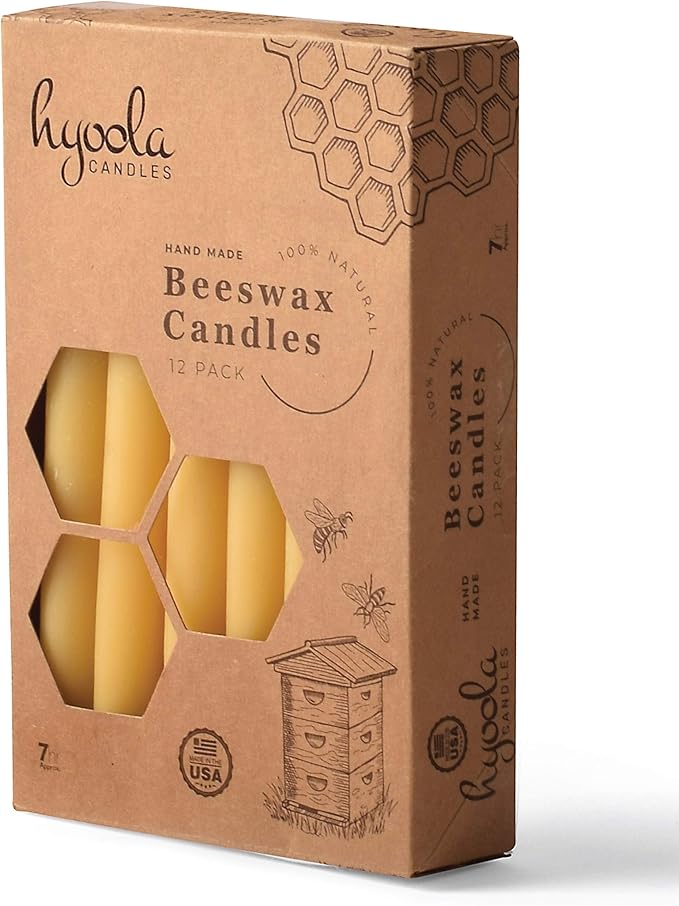 Hyoola 7 Inch Beeswax Taper Candles 12 Pack - Handmade, All Natural, 100% Pure Unscented Bee Wax Candle - Tall, Decorative, Golden Yellow - 7 Hour Burn Time