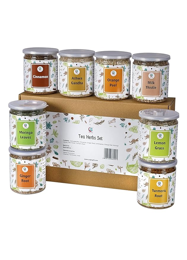 Loose Leaf Herbal Tea Set โ 8 Premium Herbs - Up to 450 Cups - Ginger, Turmeric, Lemongrass, Moringa, Cinnamon, Orange Peel, Milk Thistle, Ashwagandha | Wellness Gift by Yogi's Giftยฎ