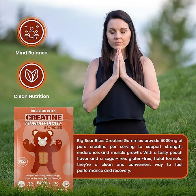Creatine Monohydrate Gummies for Men & Women | 5000mg of Creatine Gummies per Serving | Sugar, Gluten Free & Halal | Pack of 90 for Pre Workout & Muscle Recovery | Peach Flavor